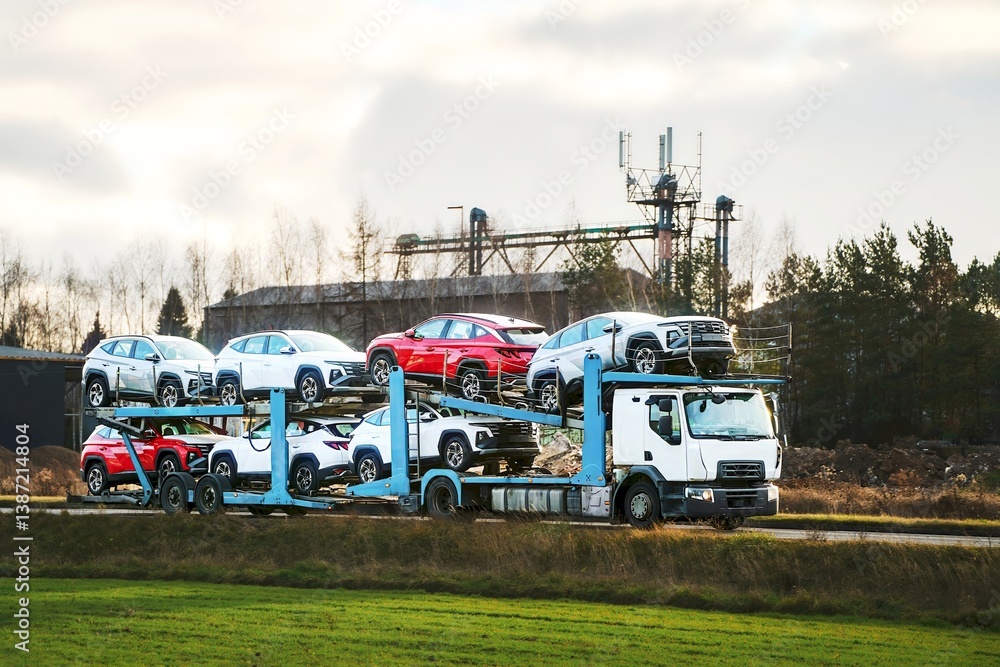 Trailer with SUVs driving countryside road