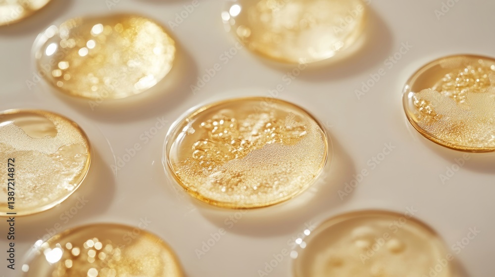 Close up of oily facial serum drops in petri dish abstract textures and yellowish gold hues Close up of oily facial serum drops in petri dish abstract textures and yellowish gold hues