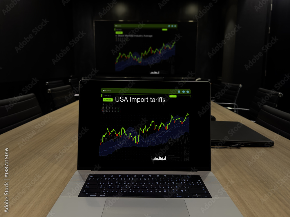 USA Import Tariff Charts on Laptop in Boardroom