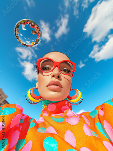 A stylish woman in polka dot fashion and oversized red glasses poses with a surreal reflective bubble floating above. Bold urban fashion with whimsical pop art vibes.