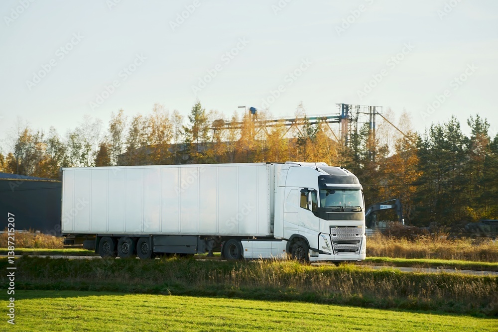 White trailer truck driving forest highway
