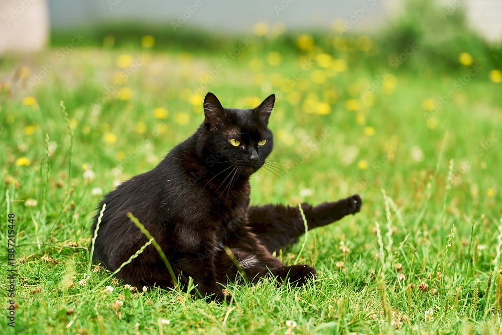 Black cat exploring lush garden lawn outdoors in summer