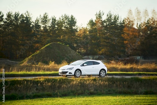 Obraz na płótnie Hybrid hatchback vehicle near forest in autumn w salonie