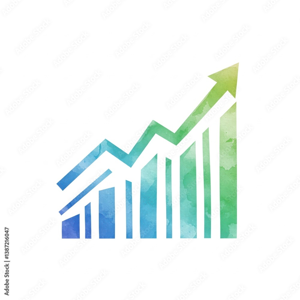Watercolor-style illustration of a bar graph with an upward trending line and arrow, transitioning in color from blue to green. Growth, progress, and positive trend concept.
Watercolor-style illustration of a bar graph with an upward trending line and arrow, transitioning in color from blue to green. Growth, progress, and positive trend concept.