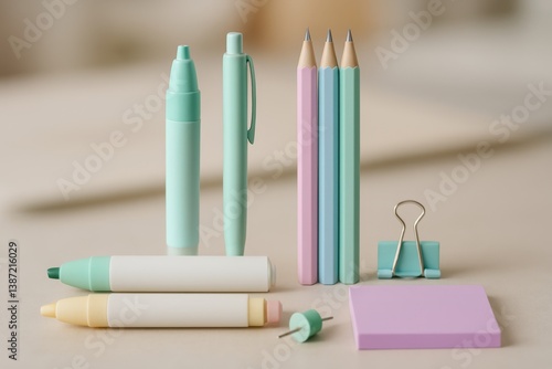 Stationery Items Including Pens, Markers, Pencils, and Clip on a Desk Surface...