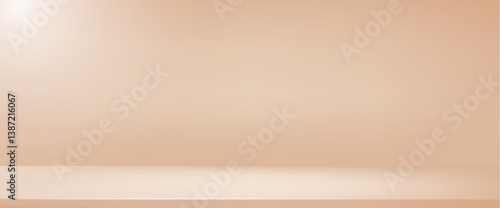Studio beige gradient background. Light neutral wall product room. Minimal peach pastel table scene. Empty desk stage for beauty cosmetic presentation. Vector illustration. Banner template.