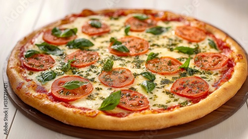 A classic margherita pizza with mozzarella, basil, and tomatoes. Featuring simplicity and flavor