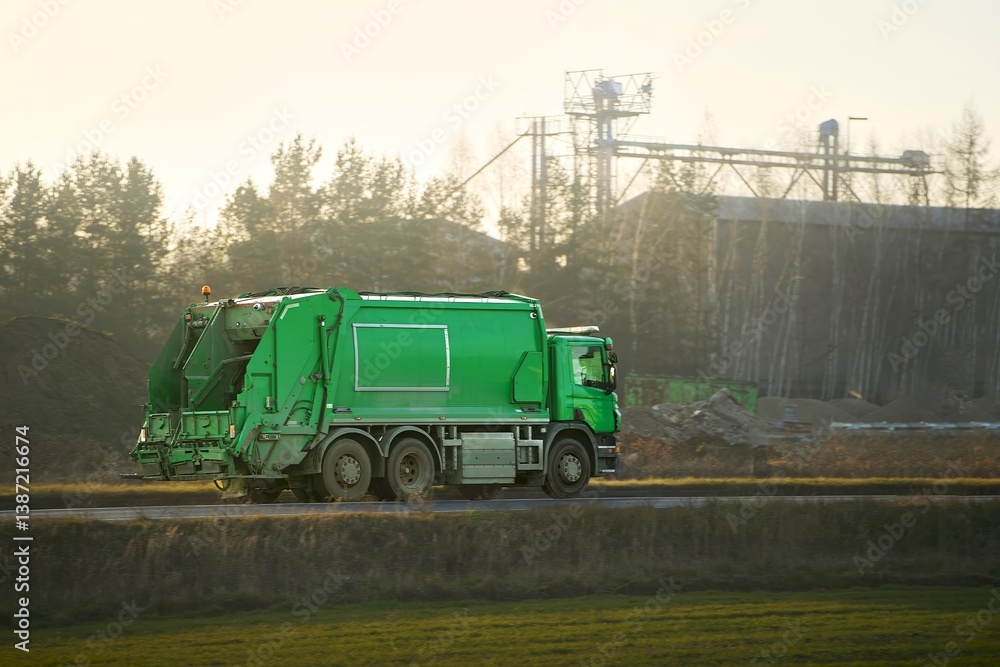 Waste collection truck passing by nature