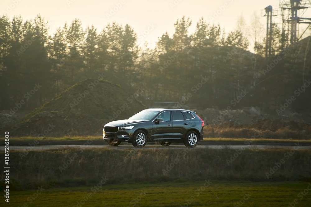 Elegant car journey through scenic landscape