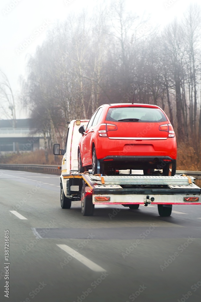 Tow truck carrying broken red car