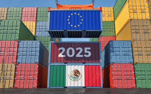 Trading 2025. Cargo Container with European Union and Mexico flag. 3D Rendering