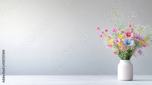 Wallpaper Mural A vibrant bouquet of wildflowers, in shades of pink, purple, and yellow, sits in a simple white vase. The arrangement is positioned on a light wooden surface against a muted gray background. The imag Torontodigital.ca