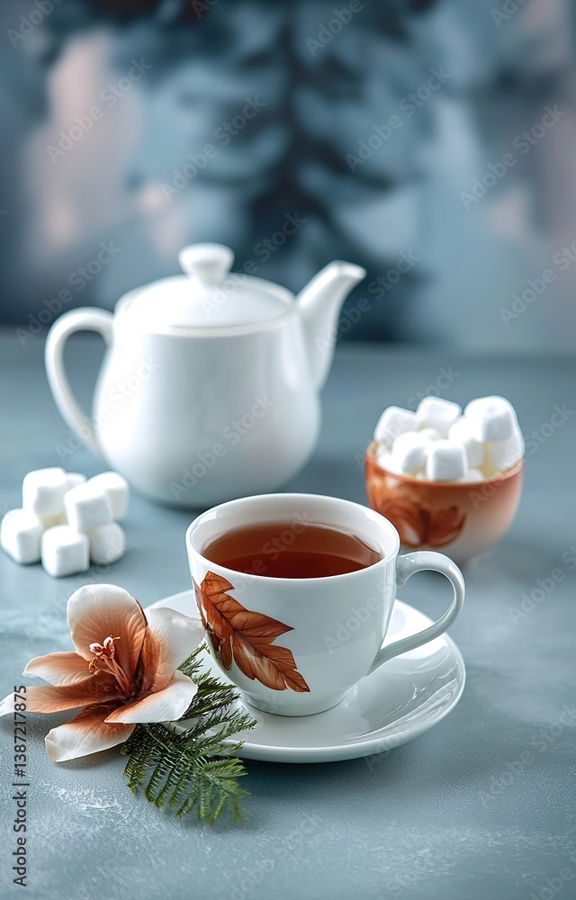 tea set in composition with flowers and marshmallows. Coffee mug on a saucer, a tea set in composition with flowers and marshmallows. Coffee mug on a saucer, a