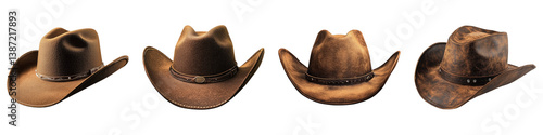 Brown cowboy hat isolated on transparent background. PNG, Set of