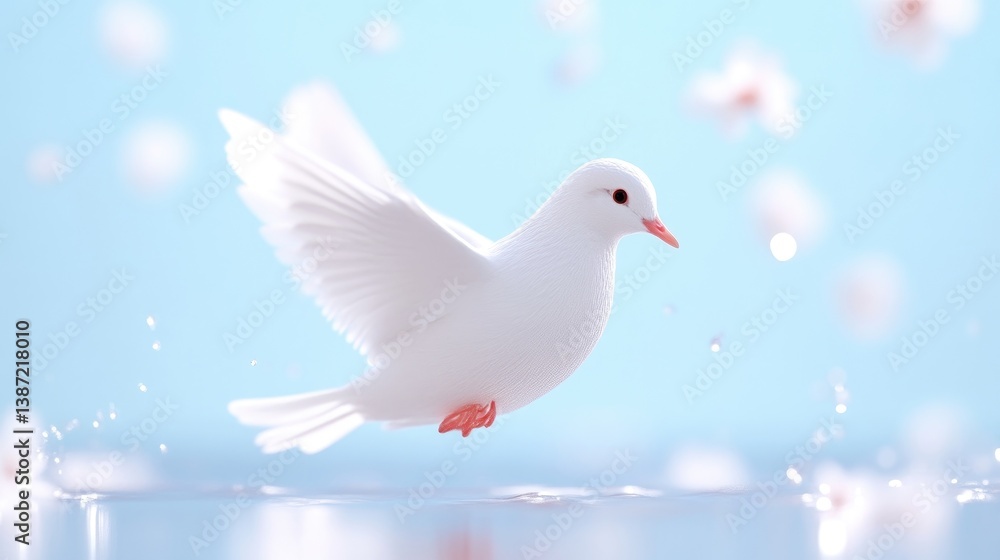 Fototapeta premium A white dove, wings outstretched, gracefully lands on water. Soft, pastel colors and a blurred background create a serene mood. The image is digitally rendered, high-quality, and features soft light