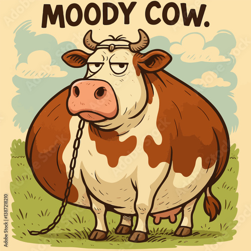 Cartoon Cow Standing in Field with Moody Expression and Chain