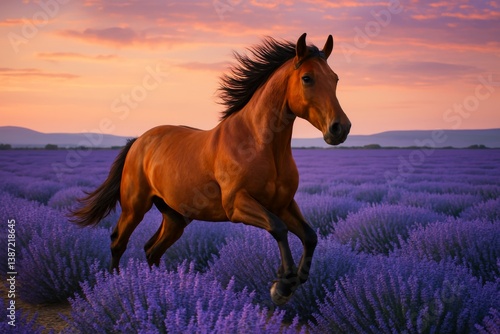 Majestic Horse Running Through a Lavender Field at Sunset in a Picturesque Co...