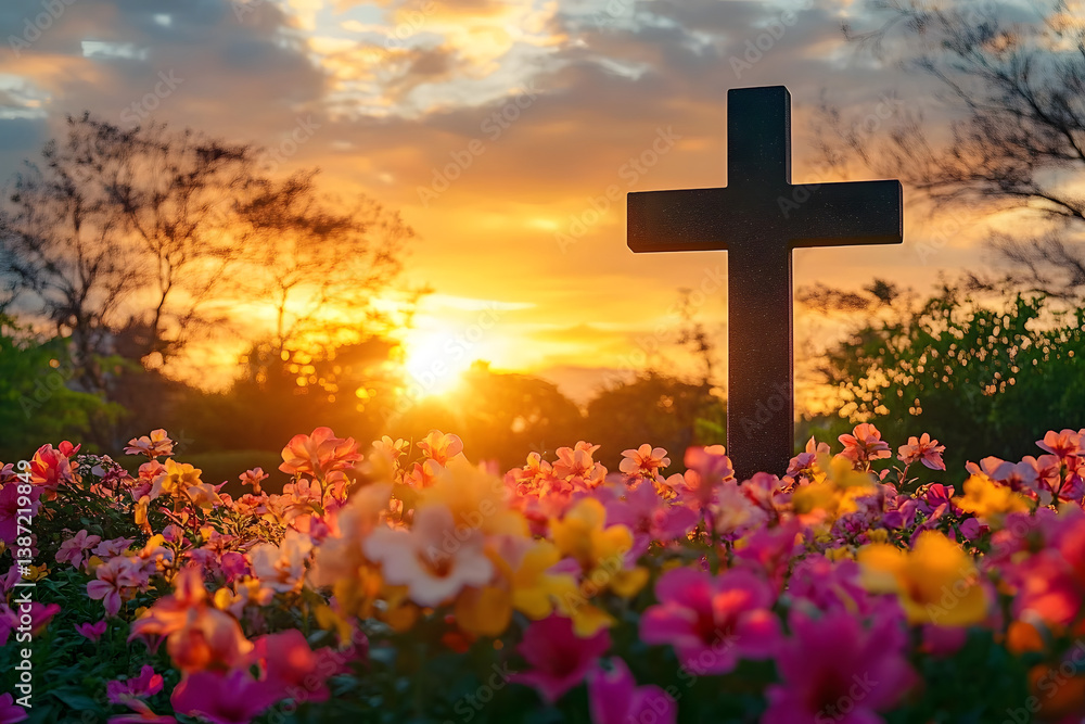 Christian cross standing in blooming flower garden at sunset Christian cross standing in blooming flower garden at sunset