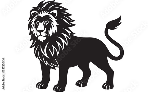 Majestic Lion Silhouette: A strong lion with magnificent mane, represents courage and power standing confidently against a stark background, exuding an aura of pride and authority.