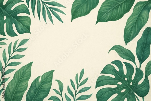 Green Tropical Leaf Pattern With Lush Foliage on a Cream Background for Creat...