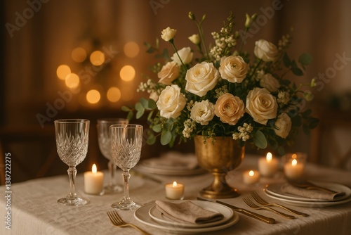 Elegant Dining Table Setting With Floral Arrangement and Soft Candlelight Amb...