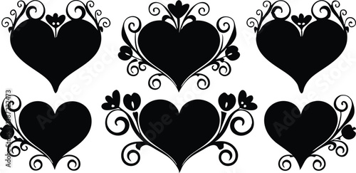 Ornate Red Heart Designs Set with Floral and Swirling Patterns for Romantic Art
