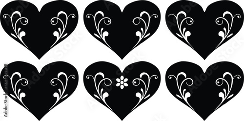 Ornate Red Heart Designs Set with Floral and Swirling Patterns for Romantic Art