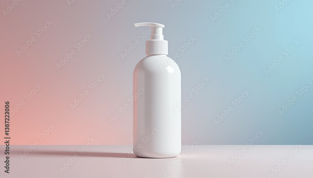 A sleek white pump bottle stands against a gradient background, perfect for showcasing cosmetic, skincare, or personal care products. A sleek white pump bottle stands against a gradient background, perfect for showcasing cosmetic, skincare, or personal care products.