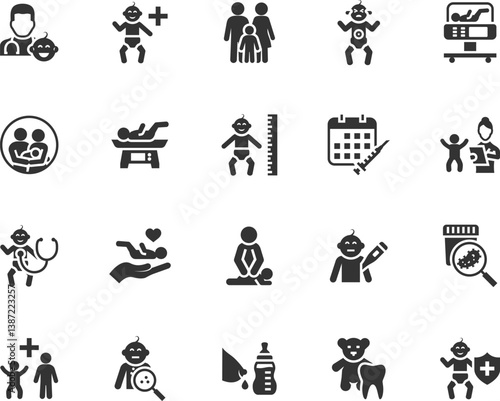 Vector set of pediatrics flat icons. Contains icons pediatrician visit, child health, newborn care, child checkup, neonatologist, colic, baby massage and more. Pixel perfect.