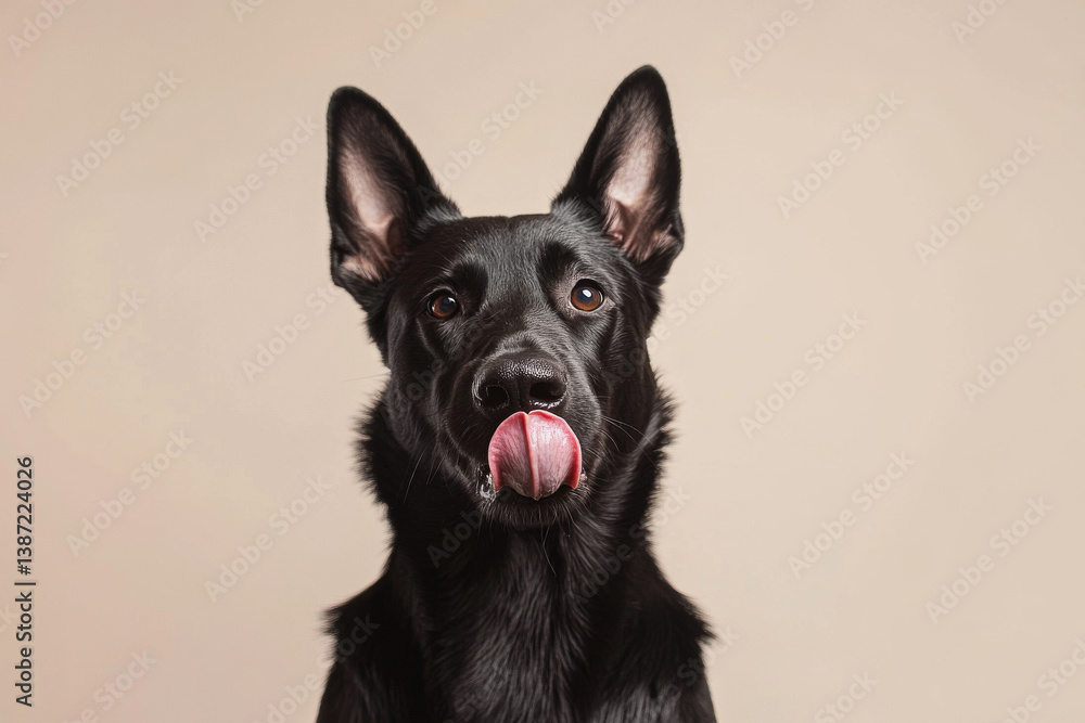 playful black dog with its tongue out against neutral background, showcasing its shiny coat and alert expression playful black dog with its tongue out against neutral background, showcasing its shiny coat and alert expression