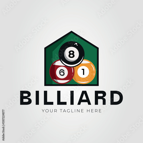 Billiard logo design featuring numbers 1, 6, and 8 for pool halls, billiard clubs, sports teams, or merchandise branding. Classic and stylish cue sport emblem graphic.