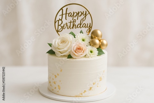 Beautiful White Birthday Cake Decorated With Flowers and a Golden Happy Birth...