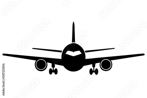 Airplane silhouette, commercial jet flying front view
