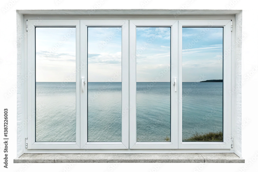 Fototapeta premium Elegant White Frame Window Showcasing Stunning Seascape View with Clear Blue Sky