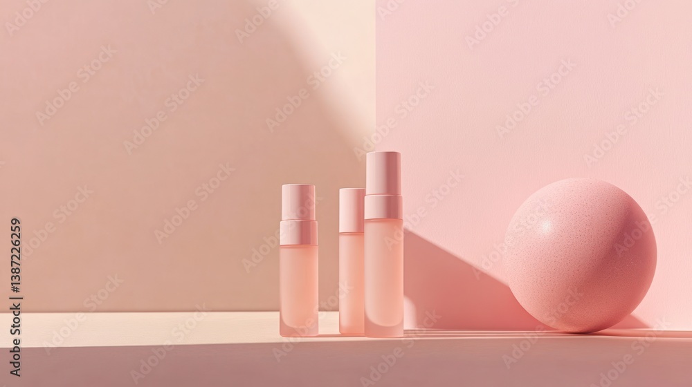 Pink cosmetic bottles on shelf, studio shot, minimal aesthetic, product presentation Pink cosmetic bottles on shelf, studio shot, minimal aesthetic, product presentation