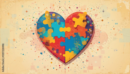 A vibrant, artistic heart made of colorful puzzle pieces, symbolizing love, connection, and unity among different communities and cultures.