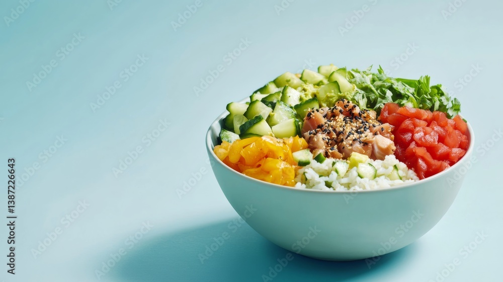 A colorful poke bowl with tuna, avocado, cucumber, and rice. Featuring freshness and variety A colorful poke bowl with tuna, avocado, cucumber, and rice. Featuring freshness and variety
