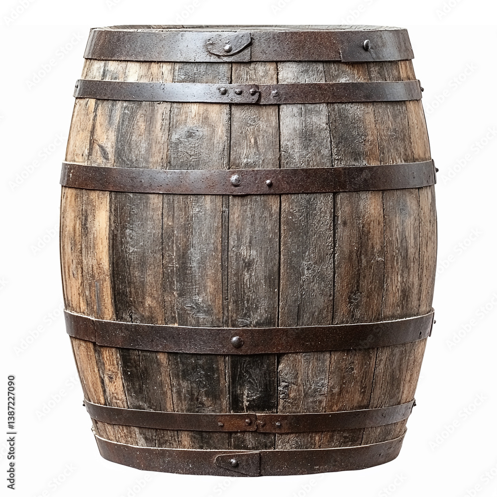 Fototapeta premium Rustic Wooden Barrel with Metal Bands for Vintage Decor Garden Storage and Wine Display