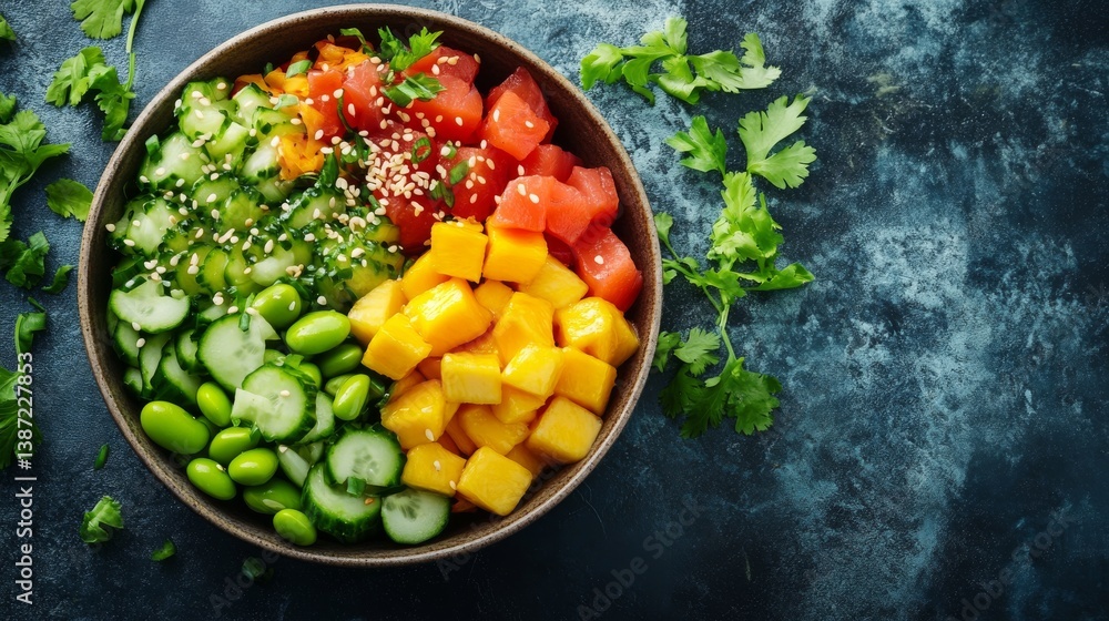 A colorful poke bowl with tuna, mango, and edamame. Featuring freshness and vibrancy A colorful poke bowl with tuna, mango, and edamame. Featuring freshness and vibrancy