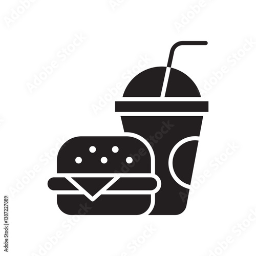 Hamburger and soft drink cup, Fast food icon sign, Silhouette flat design on white background, Vector illustration