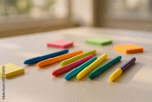 Colorful Markers and Sticky Notes Arranged on a Bright Table in a Creative Wo...