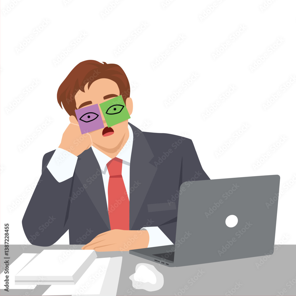 Tired businessman wearing drawn on paper eyes over his closed eyes tries to appear alert. Flat vector illustration isolated on white background Tired businessman wearing drawn on paper eyes over his closed eyes tries to appear alert. Flat vector illustration isolated on white background
