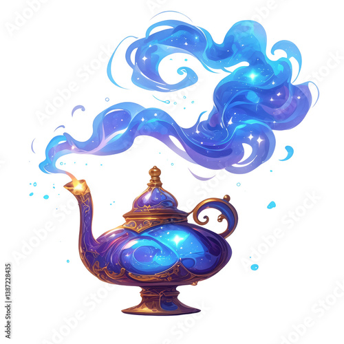 Magical genie lamp with ethereal smoke on a transparent background game prop