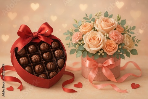 Valentine Gift of Chocolates in Heart-Shaped Box Beside Floral Arrangement Wi...