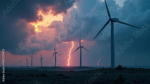 Wallpaper Mural Wind turbines in stormy landscape with lightning striking in dramatic sunset sky. Torontodigital.ca