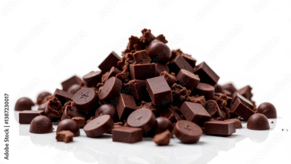 Heap of chocolate chips and pellets on white background in close-up view. Heap of chocolate chips and pellets on white background in close-up view.