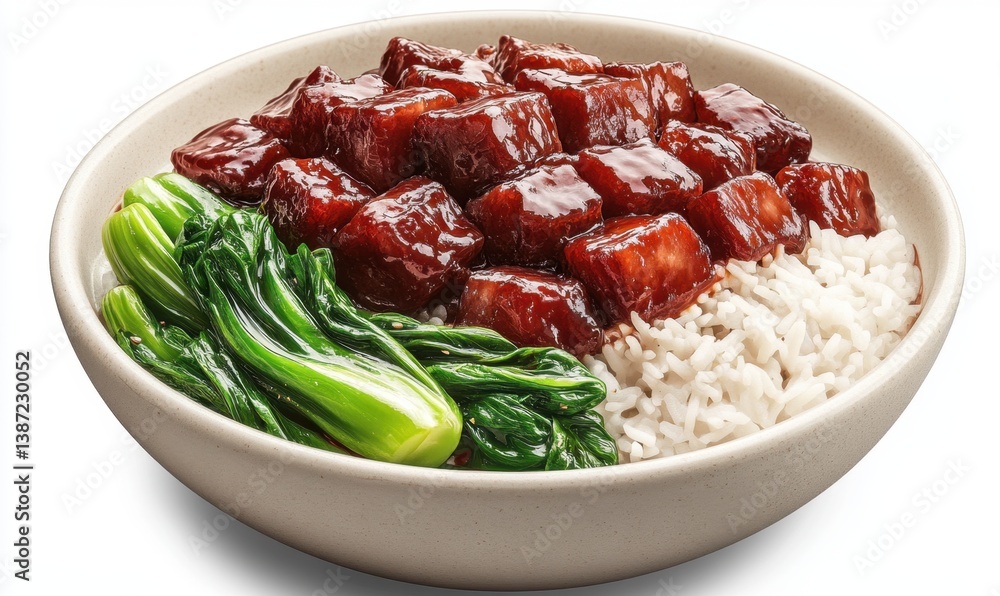 Braised pork belly rice bowl with greens, delicious Asian cuisine, food photography for restaurant menus Braised pork belly rice bowl with greens, delicious Asian cuisine, food photography for restaurant menus