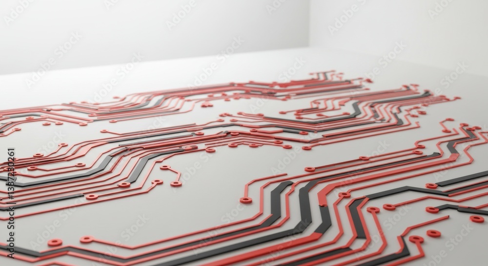 Obraz premium Abstract Red and Black Circuit Board Design: A 3D Render of Intricate Technology Pathways