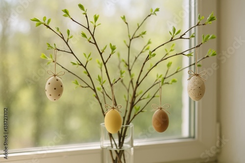Decorative Tree Branch With Colorful Easter Eggs in a Sunlit Room