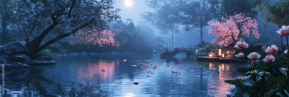Fototapeta premium Tranquil pond reflects trees and bridge in a dreamy blue